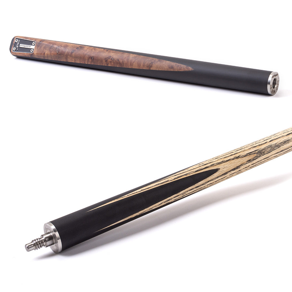 Riley Elegance - 3 Piece Snooker Cue - 3/4 Cut Cue - Layered Ebonised Black Wood Butt - 9.5mm Laminated Tip - 145cm - Black/ Natural Golden Madrone Burl  Front Splice
