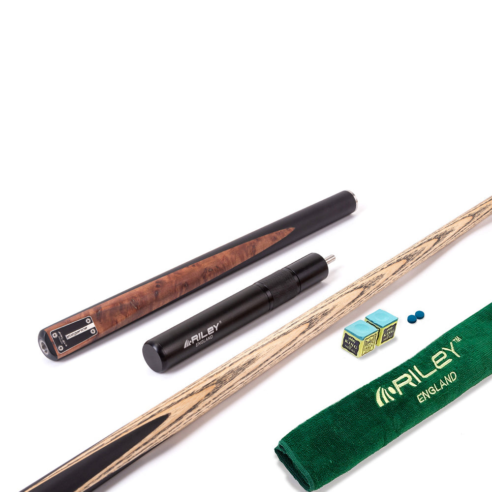 Riley Elegance - 3 Piece Snooker Cue - 3/4 Cut Cue - Layered Ebonised Black Wood Butt - 9.5mm Laminated Tip - 145cm - Black/ Natural Golden Madrone Burl  Front Splice
