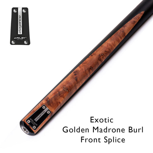 Riley Elegance - 3 Piece Snooker Cue - 3/4 Cut Cue - Layered Ebonised Black Wood Butt - 9.5mm Laminated Tip - 145cm - Black/ Natural Golden Madrone Burl  Front Splice