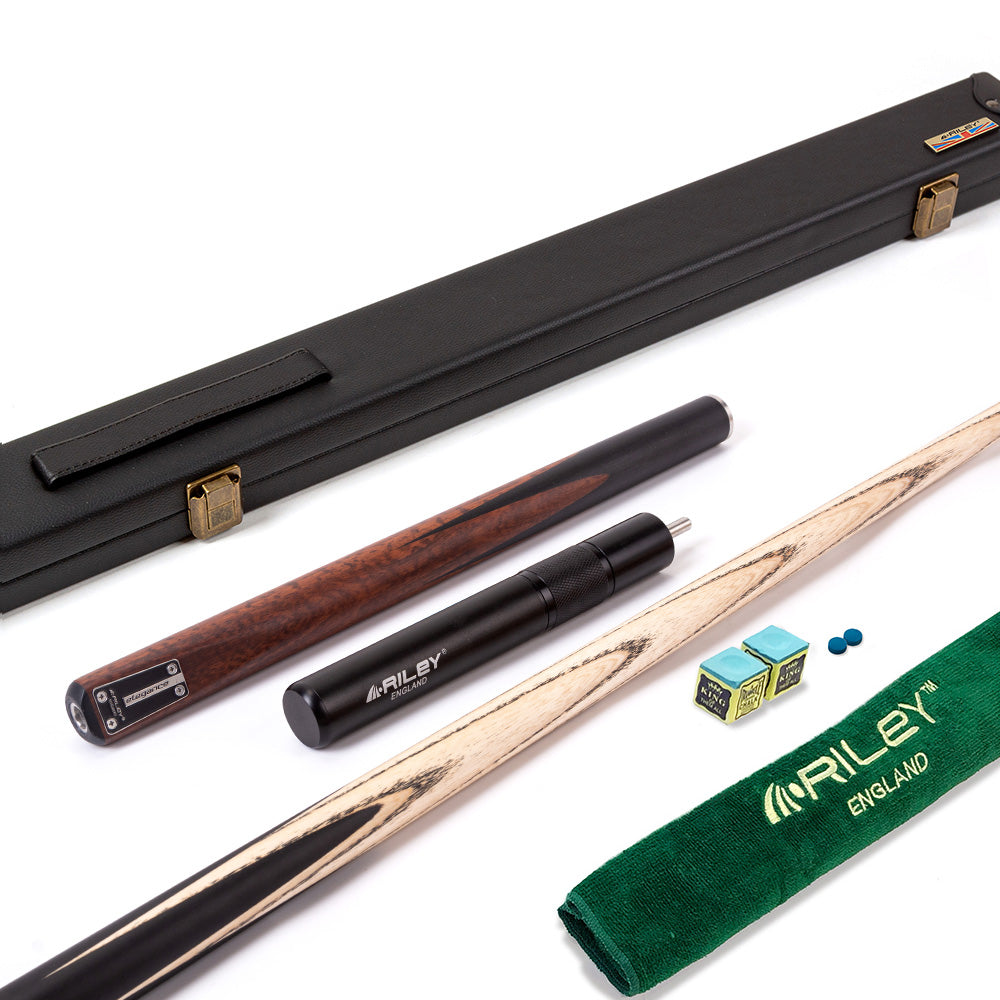 Riley Elegance - 3 Piece Snooker Cue - 3/4 Cut Cue - Layered Ebonised Black Wood Butt - 9.5mm Laminated Tip - 145cm - Black/ Natural Snake Wood 360˚ Splicing