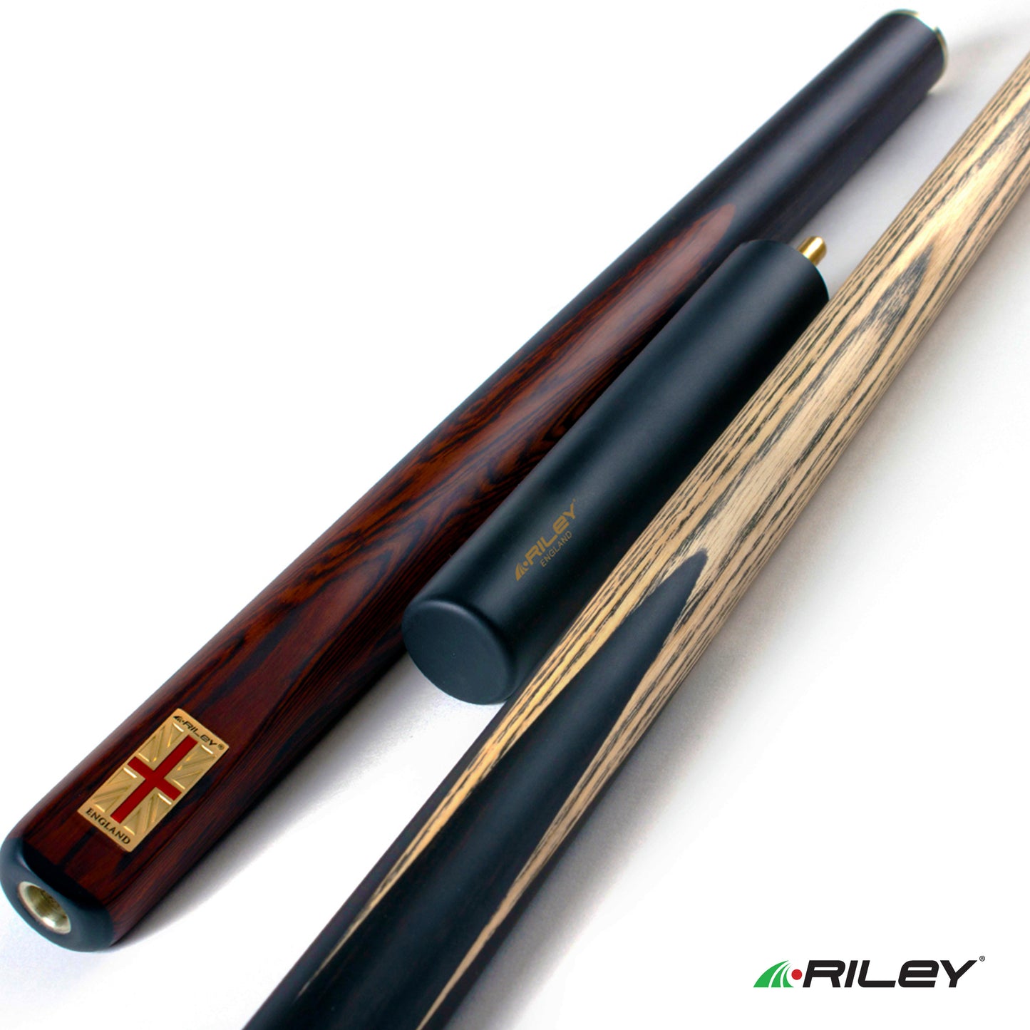 Riley England 3 Piece Snooker Cue - 3/4 Cut Cue - Layered Ebonised Black Wood Butt - 9.5mm Tip - 145cm - Black/ Dark Brown