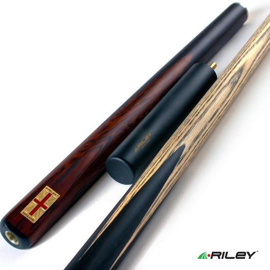 Riley England 3 Piece Snooker Cue - 3/4 Cut Cue - Layered Ebonised Black Wood Butt - 9.5mm Tip - 145cm - Black/ Dark Brown