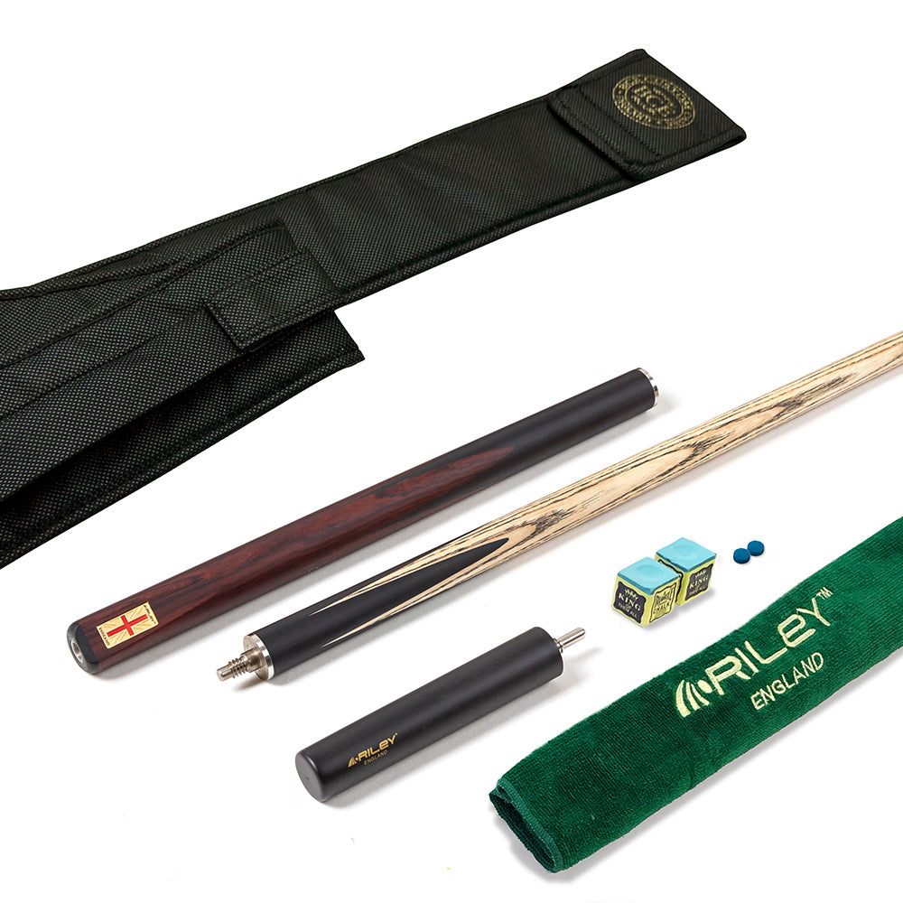 Riley England 3 Piece Snooker Cue - 3/4 Cut Cue - Layered Ebonised Black Wood Butt - 9.5mm Tip - 145cm - Black/ Dark Brown