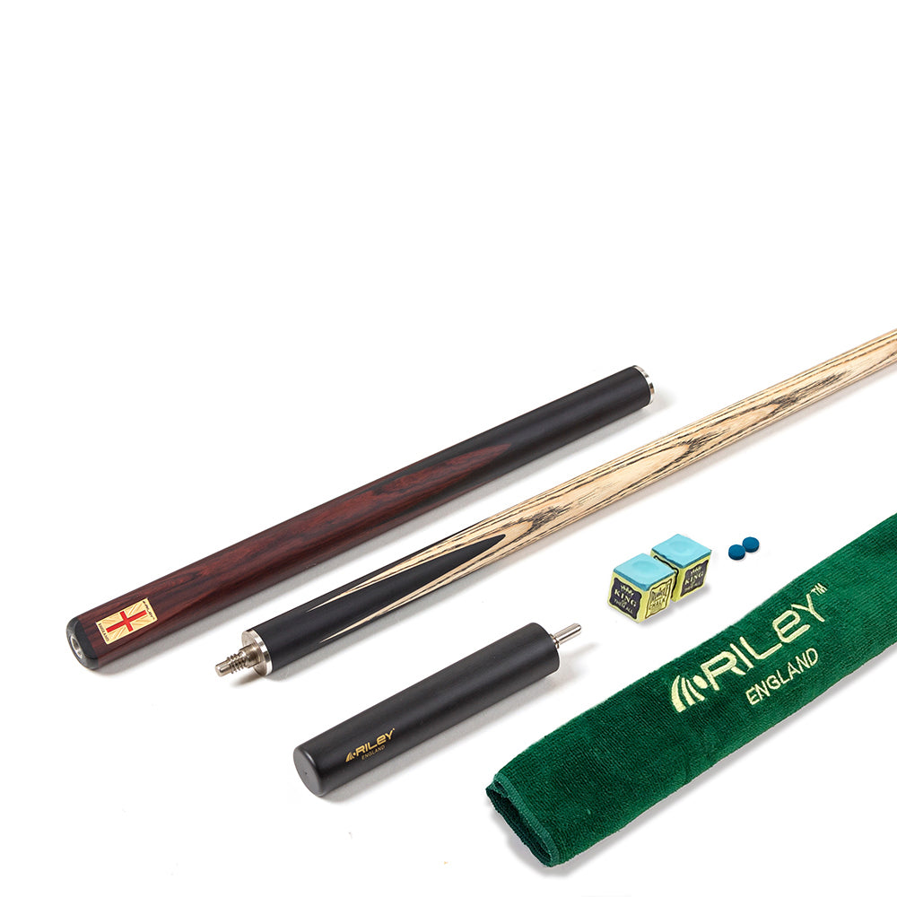 Riley England 3 Piece Snooker Cue - 3/4 Cut Cue - Layered Ebonised Black Wood Butt - 9.5mm Tip - 145cm - Black/ Dark Brown