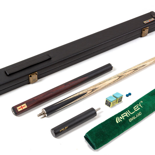 Riley England 3 Piece Snooker Cue - 3/4 Cut Cue - Layered Ebonised Black Wood Butt - 9.5mm Tip - 145cm - Black/ Dark Brown