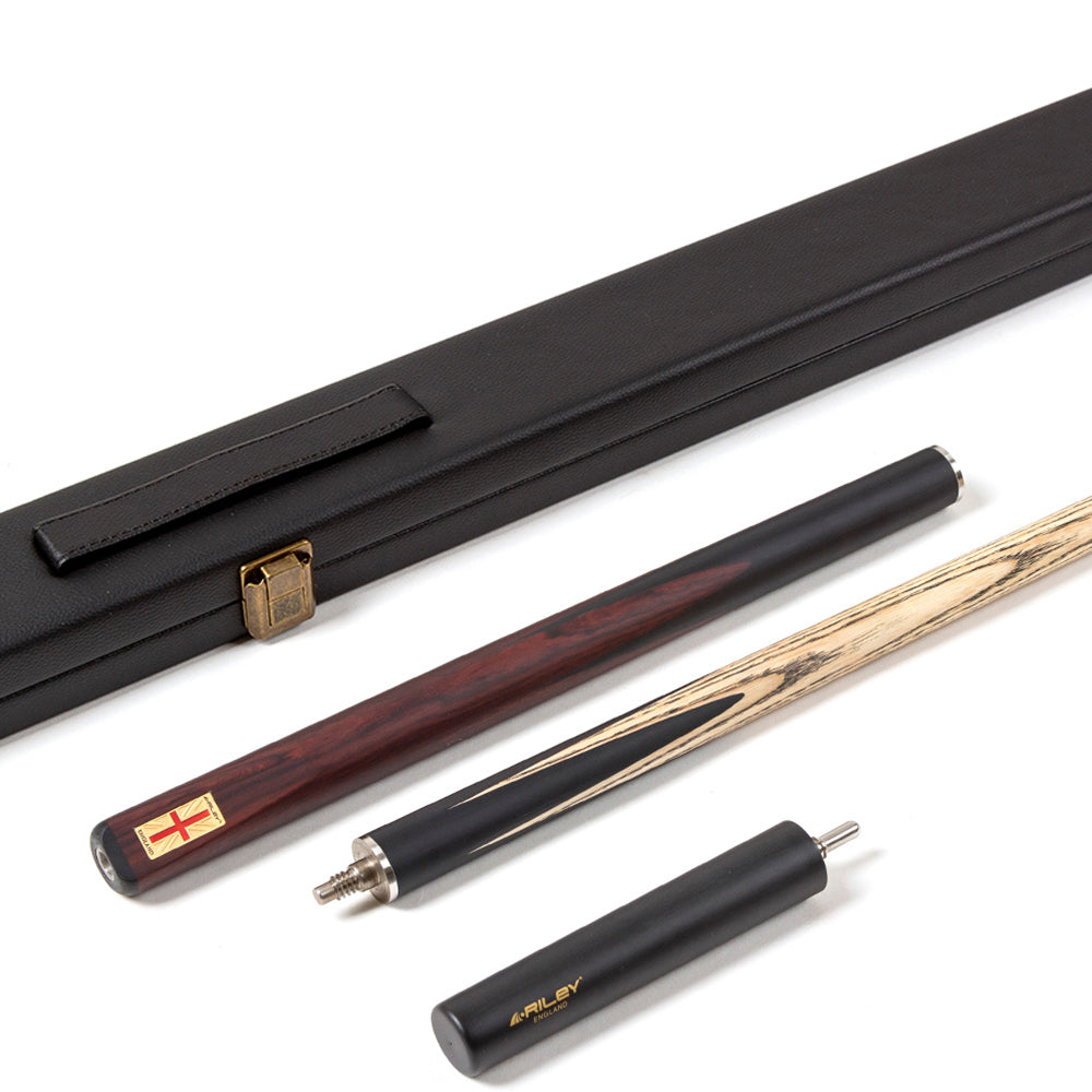 Riley England 3 Piece Snooker Cue - 3/4 Cut Cue - Layered Ebonised Black Wood Butt - 9.5mm Tip - 145cm - Black/ Dark Brown