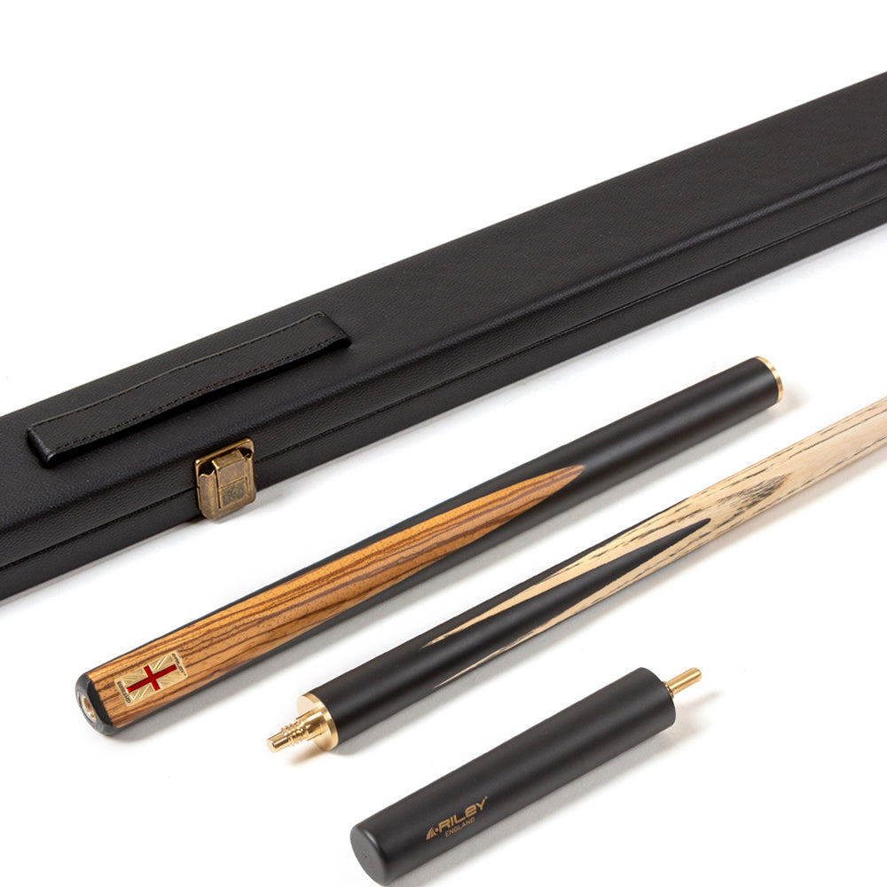Riley England 3 Piece Snooker Cue - 3/4 Cut Cue - Layered Ebonised Blackwood Butt - 9.5mm Tip - 145cm - Black/ Dark Wood