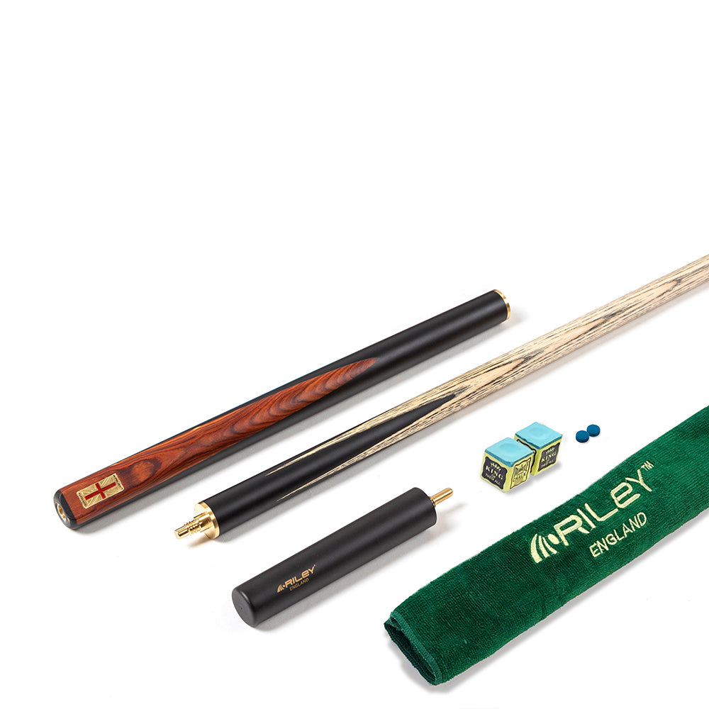 Riley England 3 Piece Snooker Cue - 3/4 Cut- Layered Ebonised Black Wood Butt - 9.5mm Tip - 145cm - Black/Brown Wood