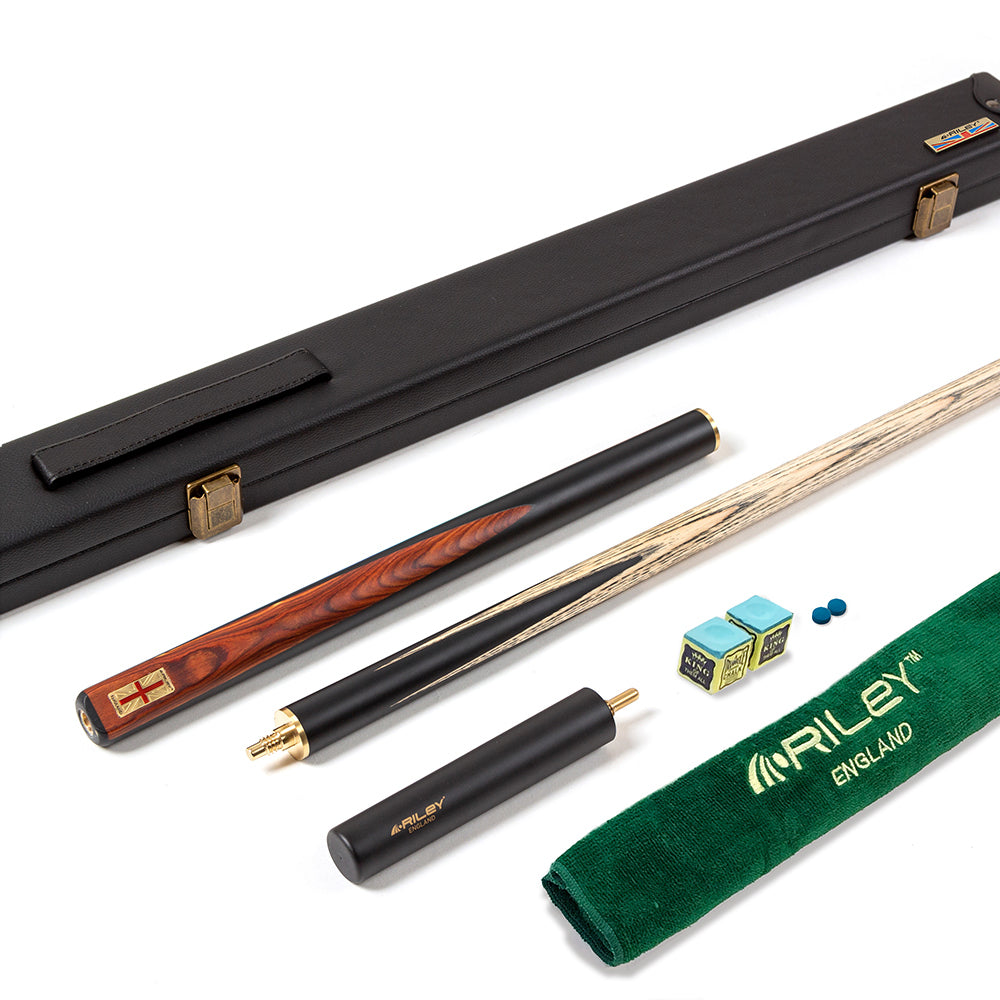 Riley England 3 Piece Snooker Cue - 3/4 Cut- Layered Ebonised Black Wood Butt - 9.5mm Tip - 145cm - Black/Brown Wood