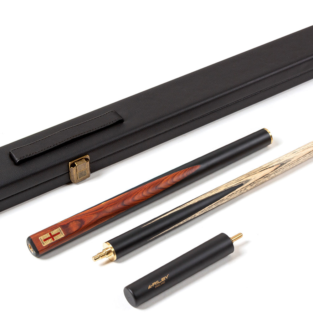 Riley England 3 Piece Snooker Cue - 3/4 Cut- Layered Ebonised Black Wood Butt - 9.5mm Tip - 145cm - Black/Brown Wood
