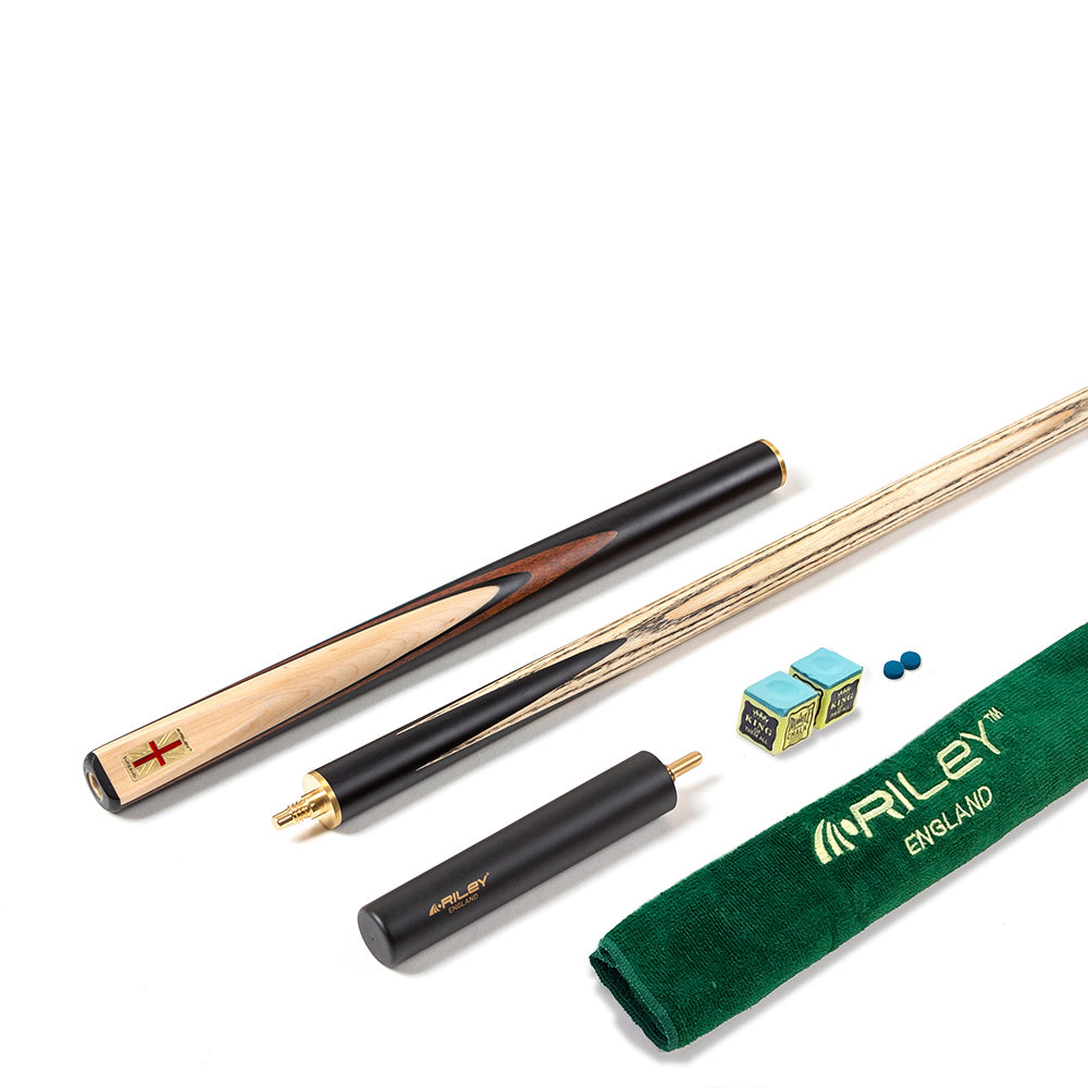 Riley England 3 Piece Snooker Cue - 3/4 Cut Cue - Layered Ebonised Black Wood Butt - 9.5mm Tip - 145cm - Black/ Maple Wood