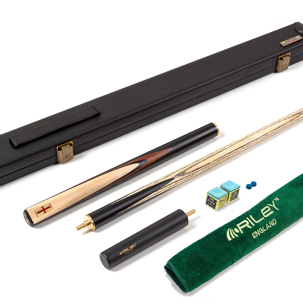 Riley England 3 Piece Snooker Cue - 3/4 Cut Cue - Layered Ebonised Black Wood Butt - 9.5mm Tip - 145cm - Black/ Maple Wood