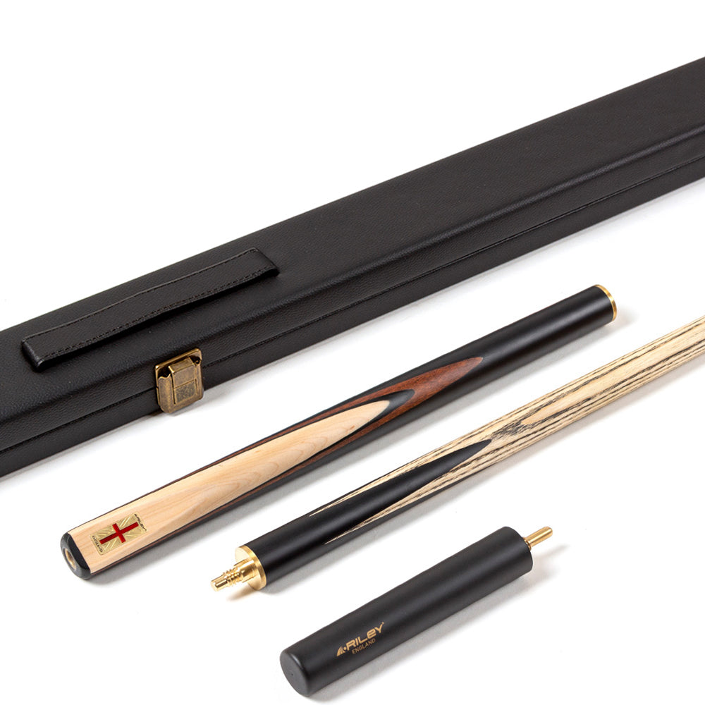 Riley England 3 Piece Snooker Cue - 3/4 Cut Cue - Layered Ebonised Black Wood Butt - 9.5mm Tip - 145cm - Black/ Maple Wood