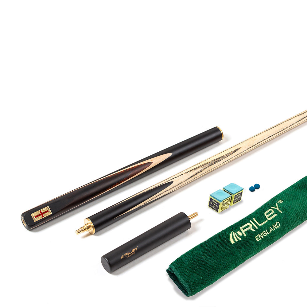 Riley England 3 Piece Snooker Cue - 3/4 Cut Cue - Layered Ebonised Black Wood Butt - 9.5mm Tip - 145cm - Black/ Dark Wood/ Maple