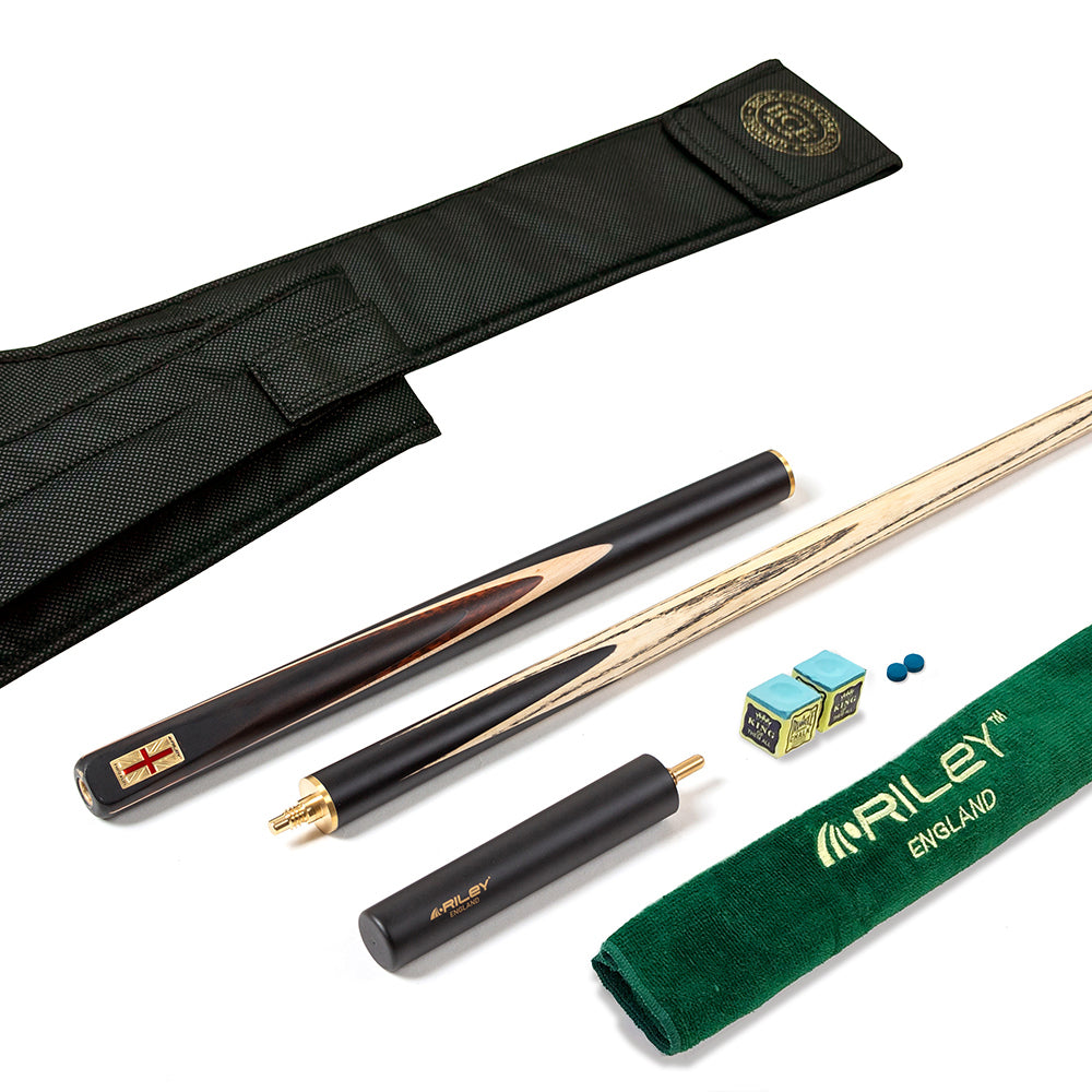 Riley England 3 Piece English Pool Cue - 3/4 Cut Cue - 9mm Tip - 145cm - Black/ Snake Wood/ Ash