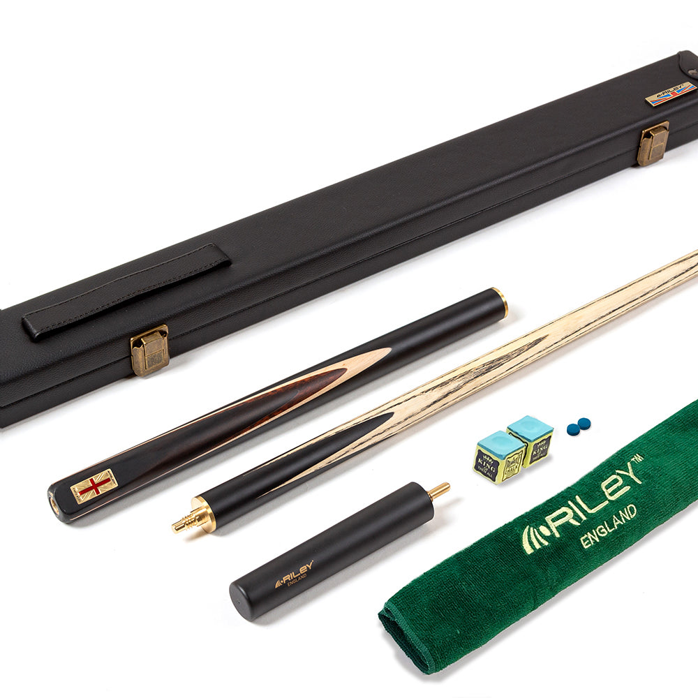 Riley England 3 Piece Snooker Cue - 3/4 Cut Cue - Layered Ebonised Black Wood Butt - 9.5mm Tip - 145cm - Black/ Dark Wood/ Maple