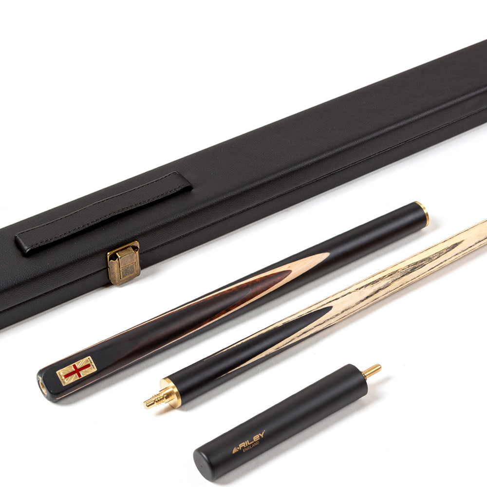 Riley England 3 Piece Snooker Cue - 3/4 Cut Cue - Layered Ebonised Black Wood Butt - 9.5mm Tip - 145cm - Black/ Dark Wood/ Maple