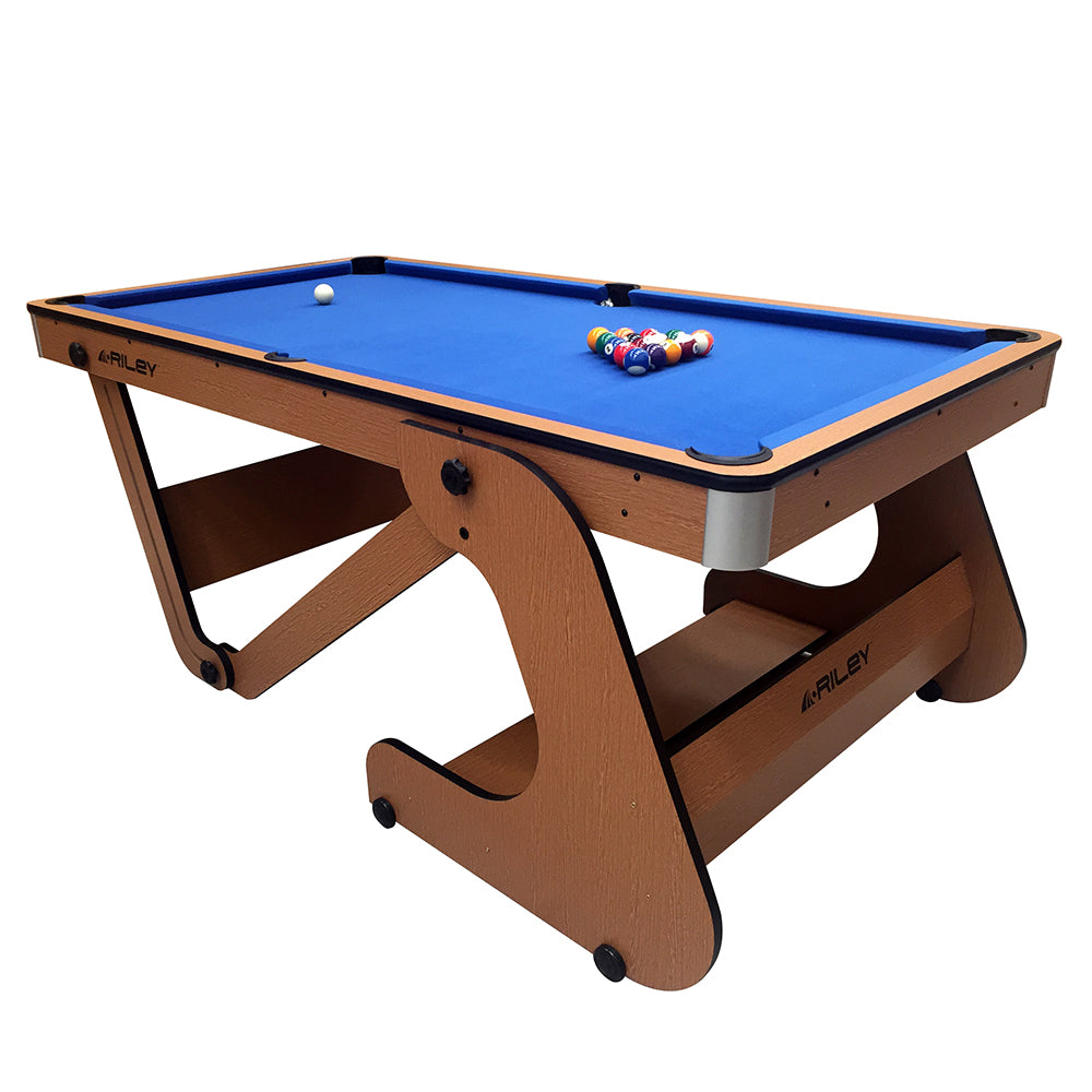 Riley 6ft Folding Pool Table with dartboard - Beech Finish with Blue Cloth - Folds Vertically - Free Table Tennis Top