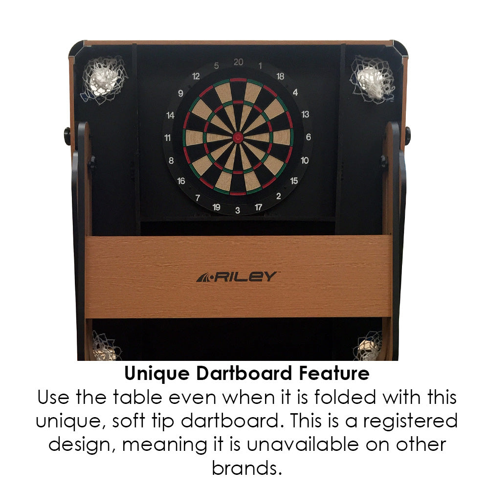 Riley 6ft Folding Pool Table with dartboard - Beech Finish with Blue Cloth - Folds Vertically - Free Table Tennis Top
