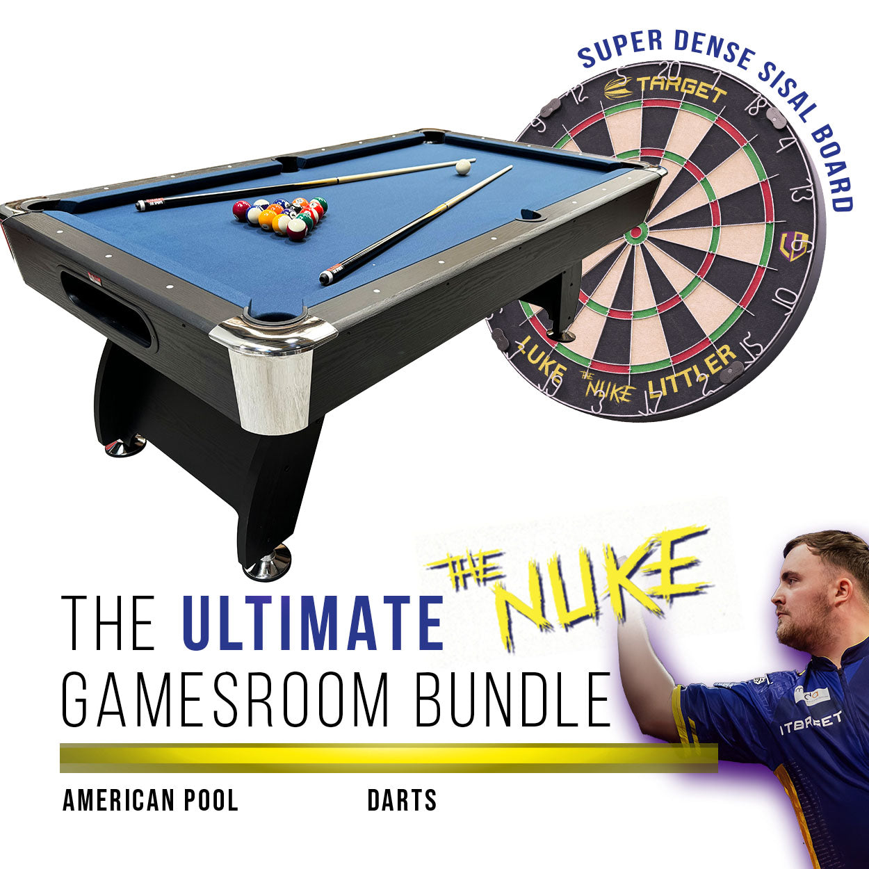 BCE 7ft Black Cat American Pool Table - Black/Wood Effect with Blue Cloth - Fixed Leg - Ball Return System