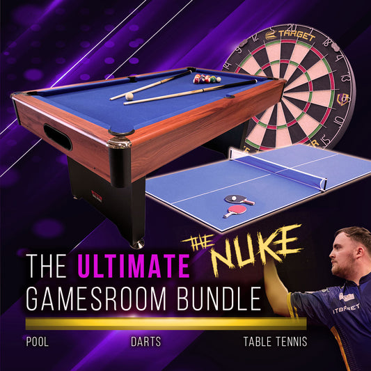 BCE 6ft 2 in 1 American Pool Table Luke Littler Darts Set and Table Tennis Top - Black/Wood Effect with Blue Cloth - Fixed Leg - Ball Return System