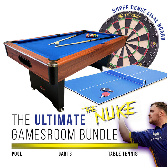 BCE 6ft 2 in 1 American Pool Table Luke Littler Darts Set and Table Tennis Top - Black/Wood Effect with Blue Cloth - Fixed Leg - Ball Return System