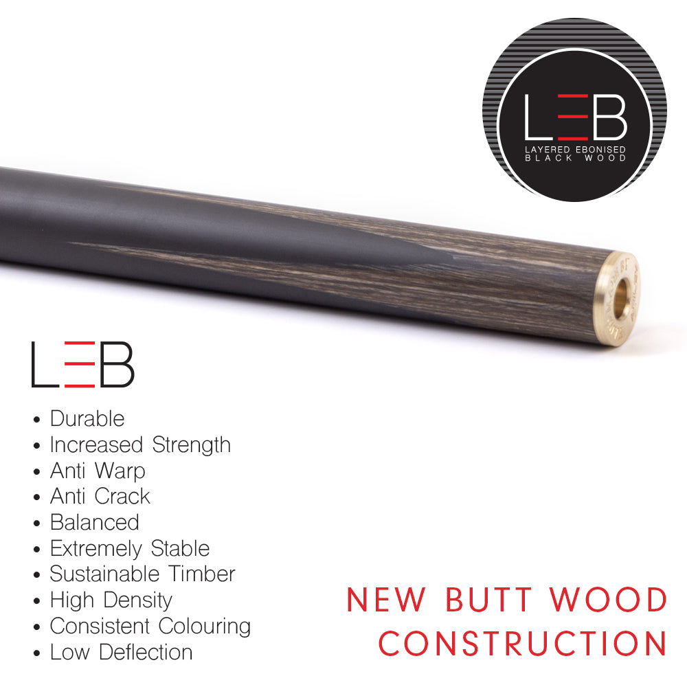 Riley Royal Series - 3 - 3 Piece Snooker Cue - 3/4 Cut - Layered Ebonised Black Wood Butt - 9.5mm Tip - 145cm - Black/ Grey/ Natural