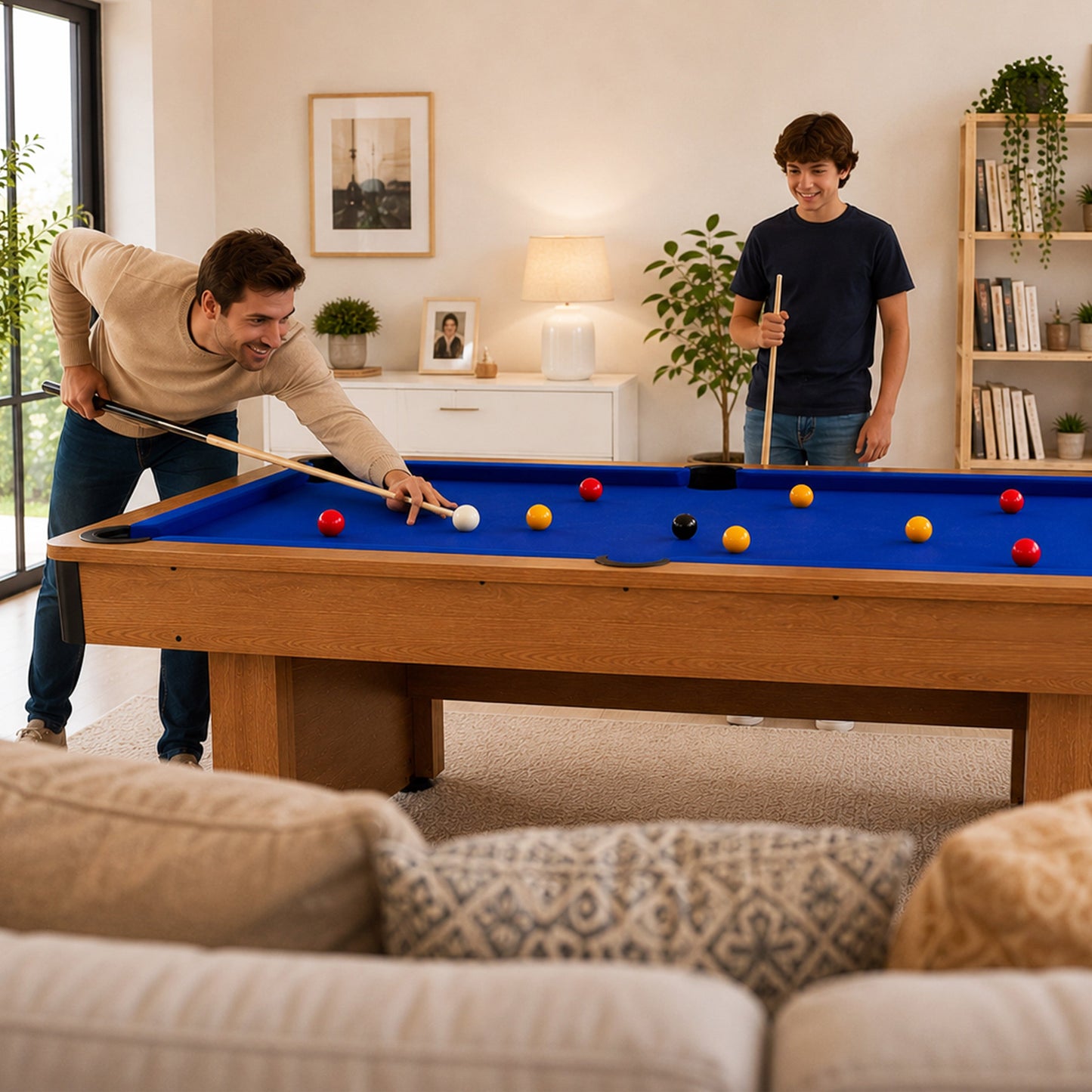 BCE 5ft Snooker/Pool Table - Oak Effect with Blue Cloth - Fixed Leg