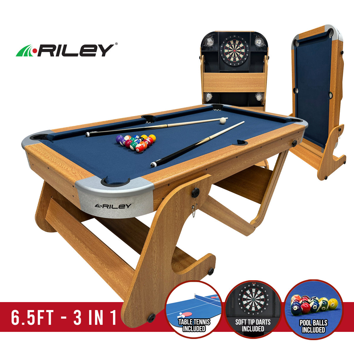 Riley 6ft 6In Supersize Folding Pool Table - Beech Finish with Blue Cloth - Folds Vertically - Free Table Tennis Top
