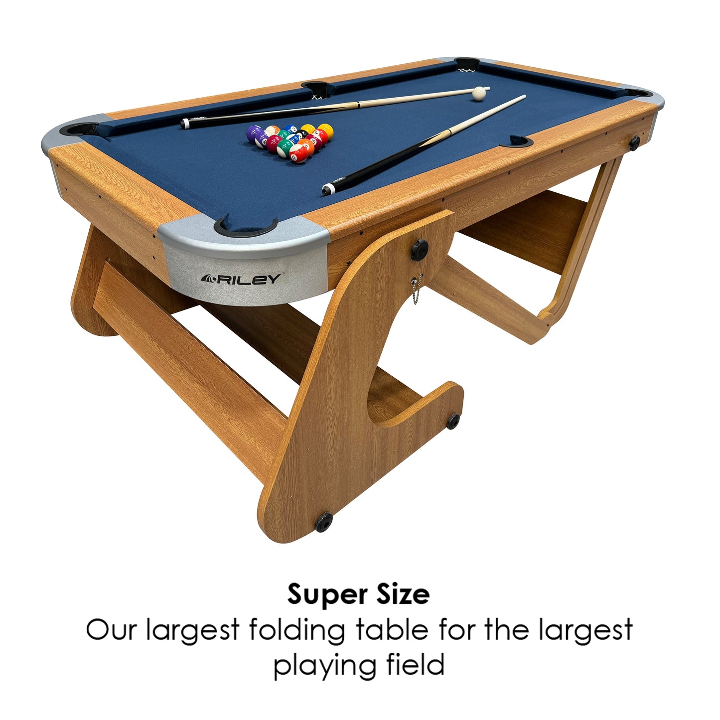 Riley 6ft 6In Supersize Folding Pool Table - Beech Finish with Blue Cloth - Folds Vertically - Free Table Tennis Top
