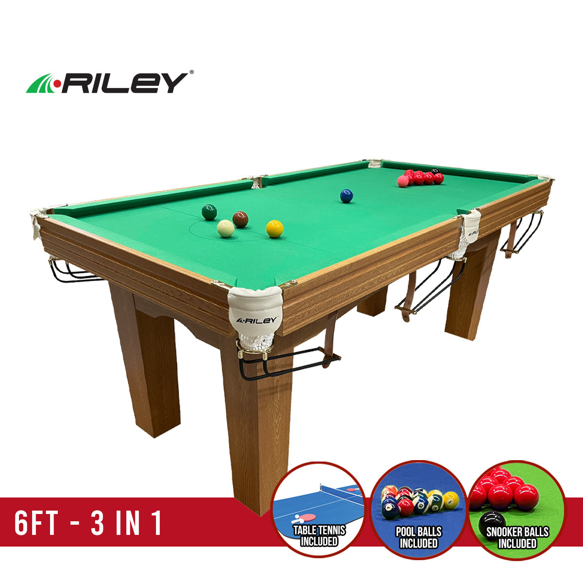 Riley 6ft Traditional Snooker and Pool Table - Oak Finish - Green Cloth - Fixed Leg - Free Table Tennis Top
