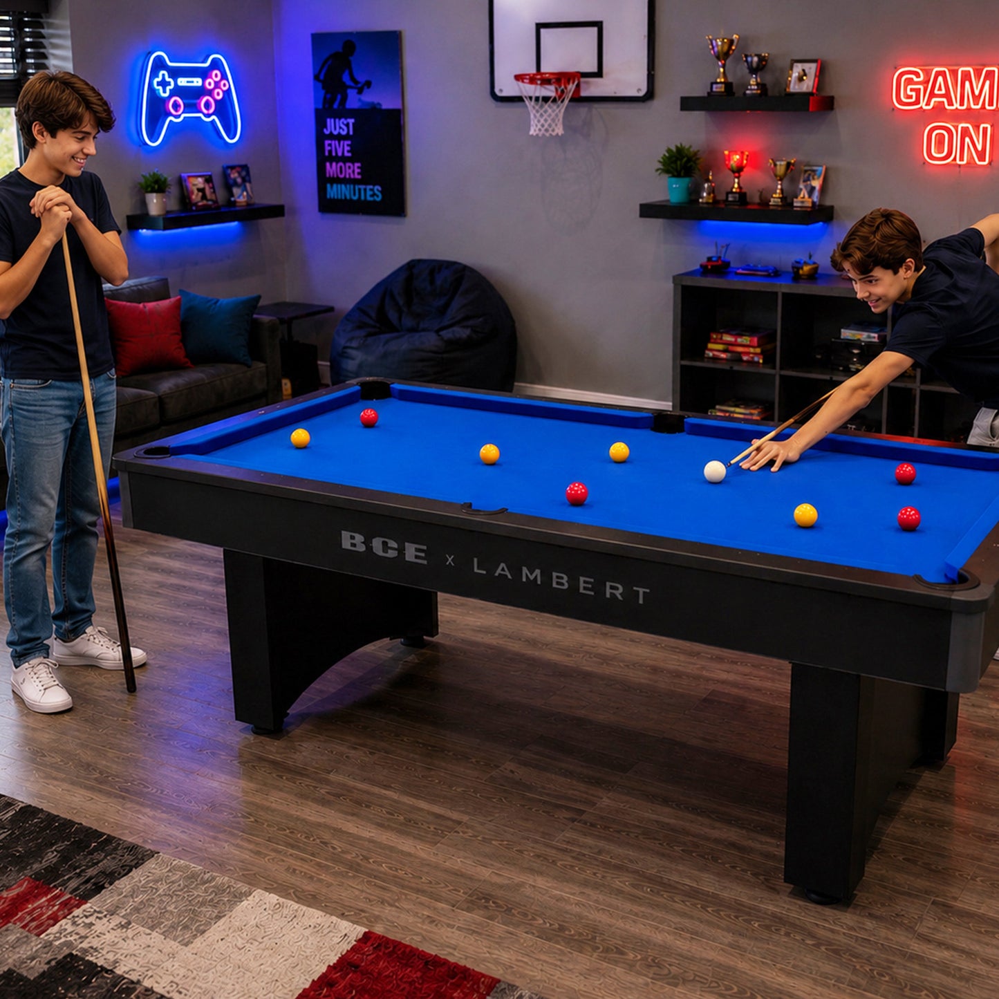 BCE 6ft Snooker/Pool Table - Black/Grey Effect with Blue Cloth - Fixed Leg