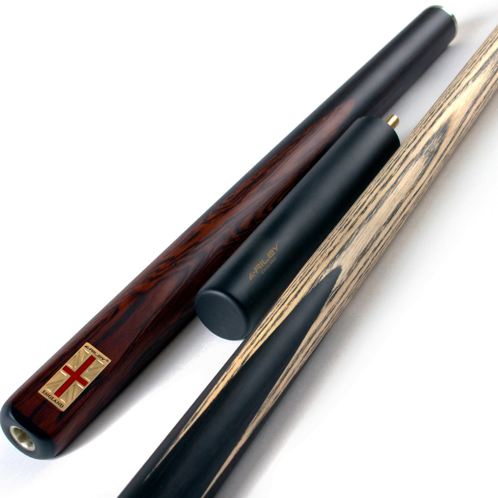 Riley England 3 Piece Snooker Cue - 3/4 Cut Cue - Layered Ebonised Black Wood Butt - 9.5mm Tip - 145cm - Black/ Dark Brown