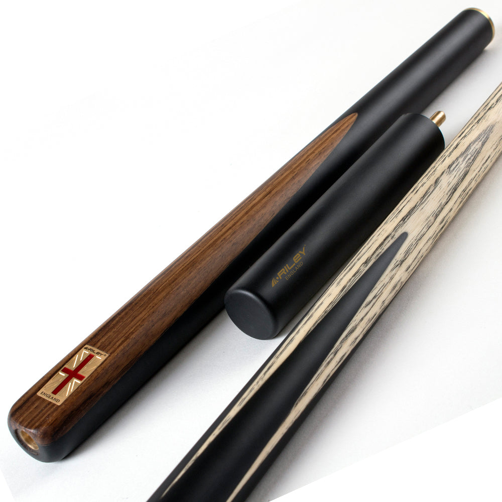 Riley England 3 Piece Snooker Cue - 3/4 Cut Cue - Layered Ebonised Blackwood Butt - 9.5mm Tip - 145cm - Black/ Dark Wood