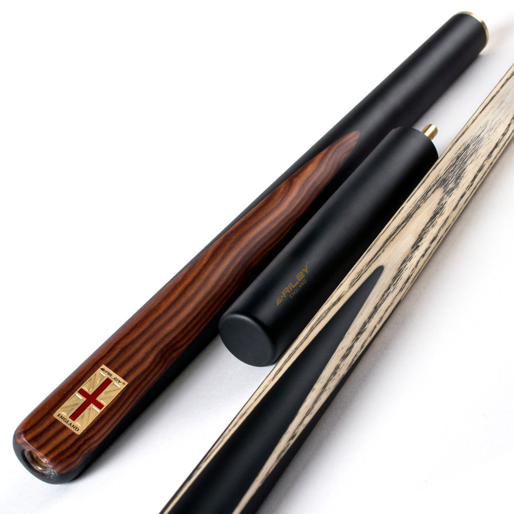 Riley England 3 Piece Snooker Cue - 3/4 Cut- Layered Ebonised Black Wood Butt - 9.5mm Tip - 145cm - Black/Brown Wood