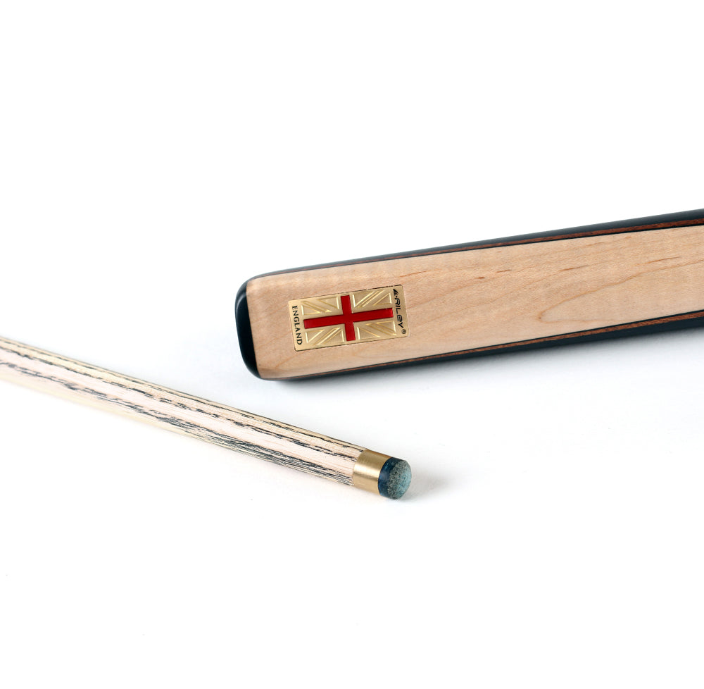 Riley England 3 Piece Snooker Cue - 3/4 Cut Cue - Layered Ebonised Black Wood Butt - 9.5mm Tip - 145cm - Black/ Maple Wood