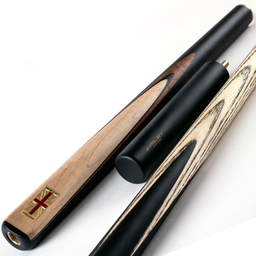 Riley England 3 Piece Snooker Cue - 3/4 Cut Cue - Layered Ebonised Black Wood Butt - 9.5mm Tip - 145cm - Black/ Maple Wood