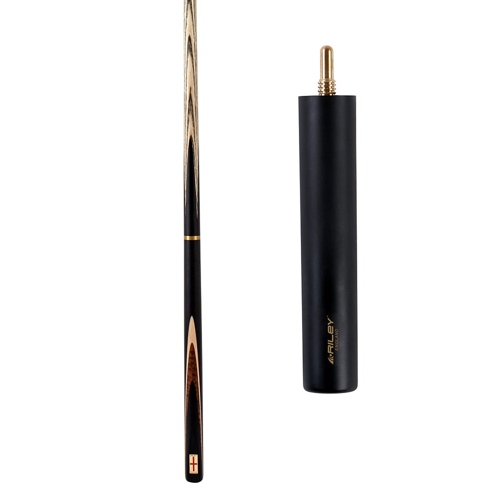Riley England 3 Piece Snooker Cue - 3/4 Cut Cue - Layered Ebonised Black Wood Butt - 9.5mm Tip - 145cm - Black/ Dark Wood/ Maple