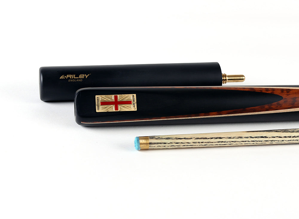 Riley England 3 Piece Snooker Cue - 3/4 Cut Cue - Layered Ebonised Black Wood Butt - 9.5mm Tip - 145cm - Black/ Dark Wood/ Maple