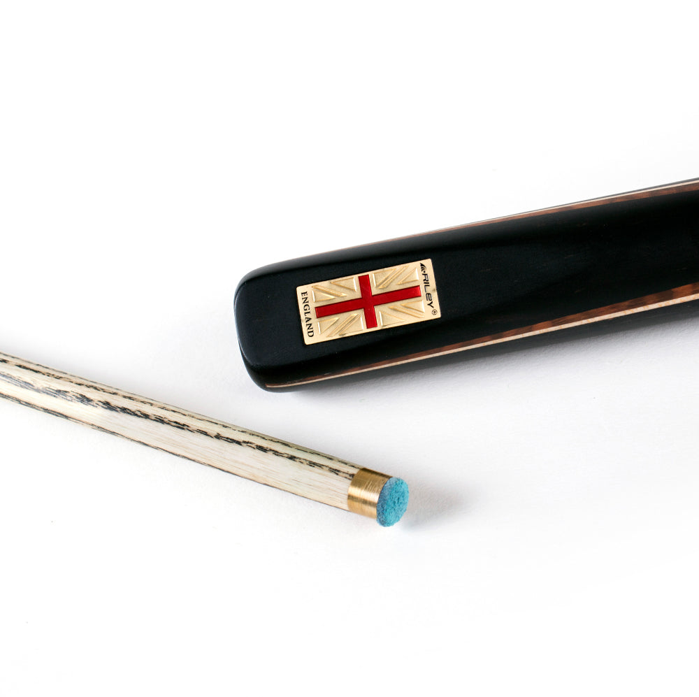 Riley England 3 Piece Snooker Cue - 3/4 Cut Cue - Layered Ebonised Black Wood Butt - 9.5mm Tip - 145cm - Black/ Dark Wood/ Maple