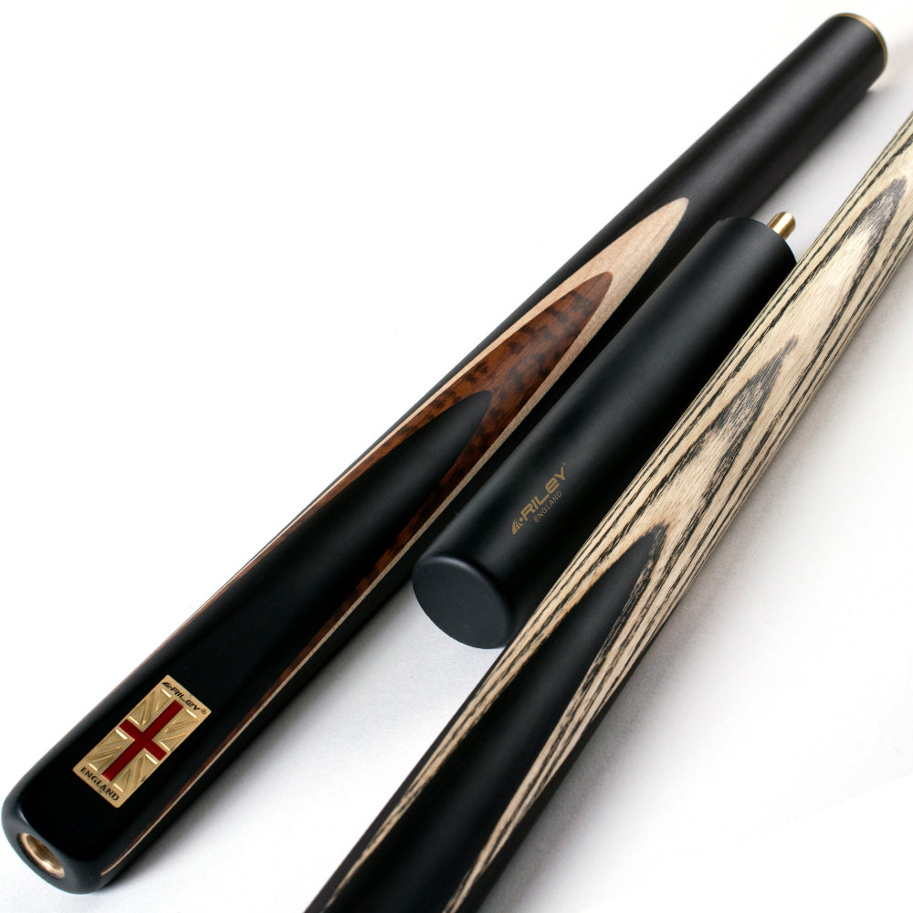 Riley England 3 Piece Snooker Cue - 3/4 Cut Cue - Layered Ebonised Black Wood Butt - 9.5mm Tip - 145cm - Black/ Dark Wood/ Maple