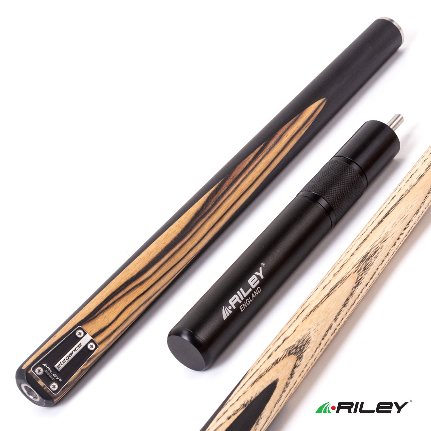 Riley Elegance - 3 Piece Snooker Cue - 3/4 Cut Cue - Layered Ebonised Black Wood Butt - 9.5mm Laminated Tip - 145cm - Black/ Natural White Ebony Front Splice