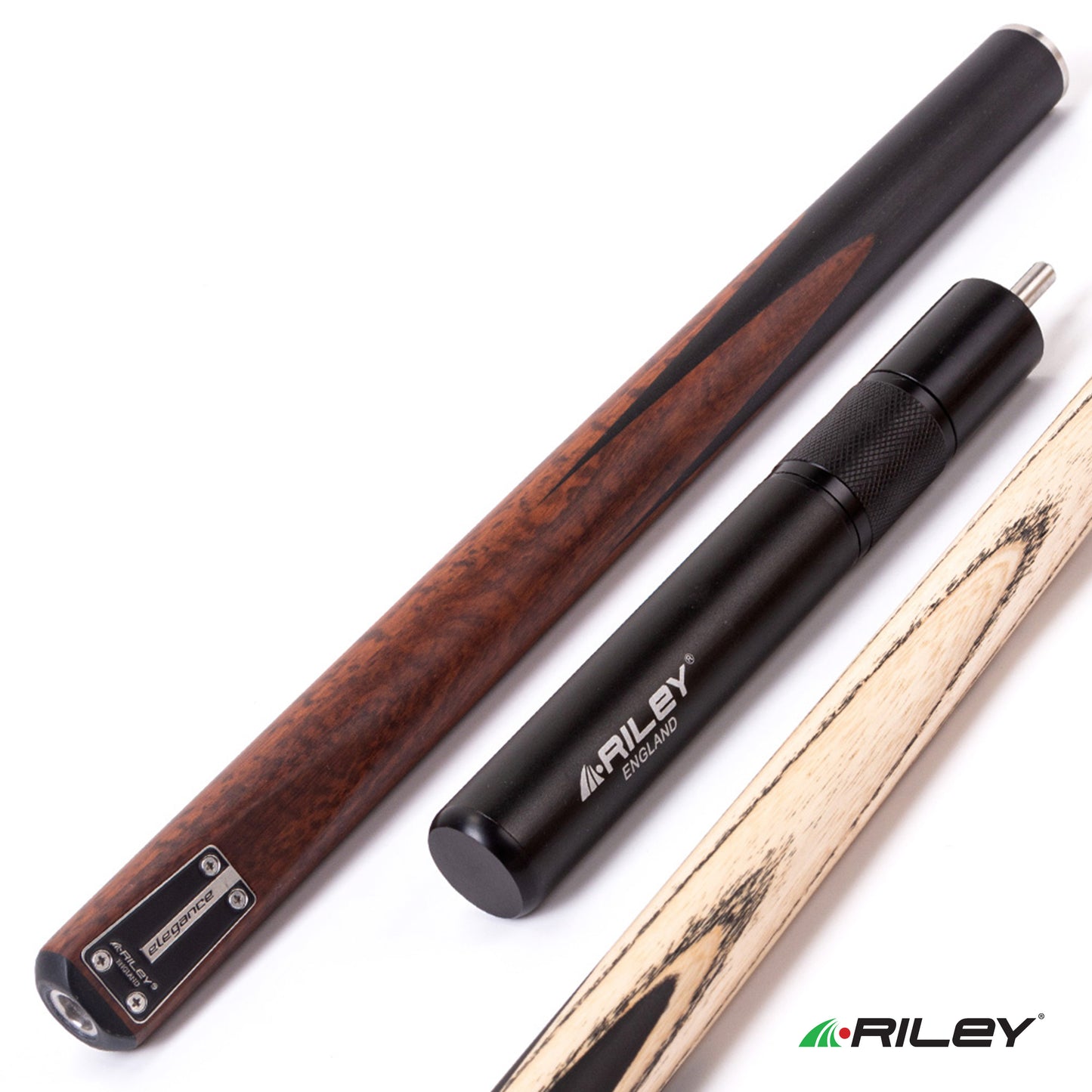 Riley Elegance - 3 Piece Snooker Cue - 3/4 Cut Cue - Layered Ebonised Black Wood Butt - 9.5mm Laminated Tip - 145cm - Black/ Natural Snake Wood 360˚ Splicing