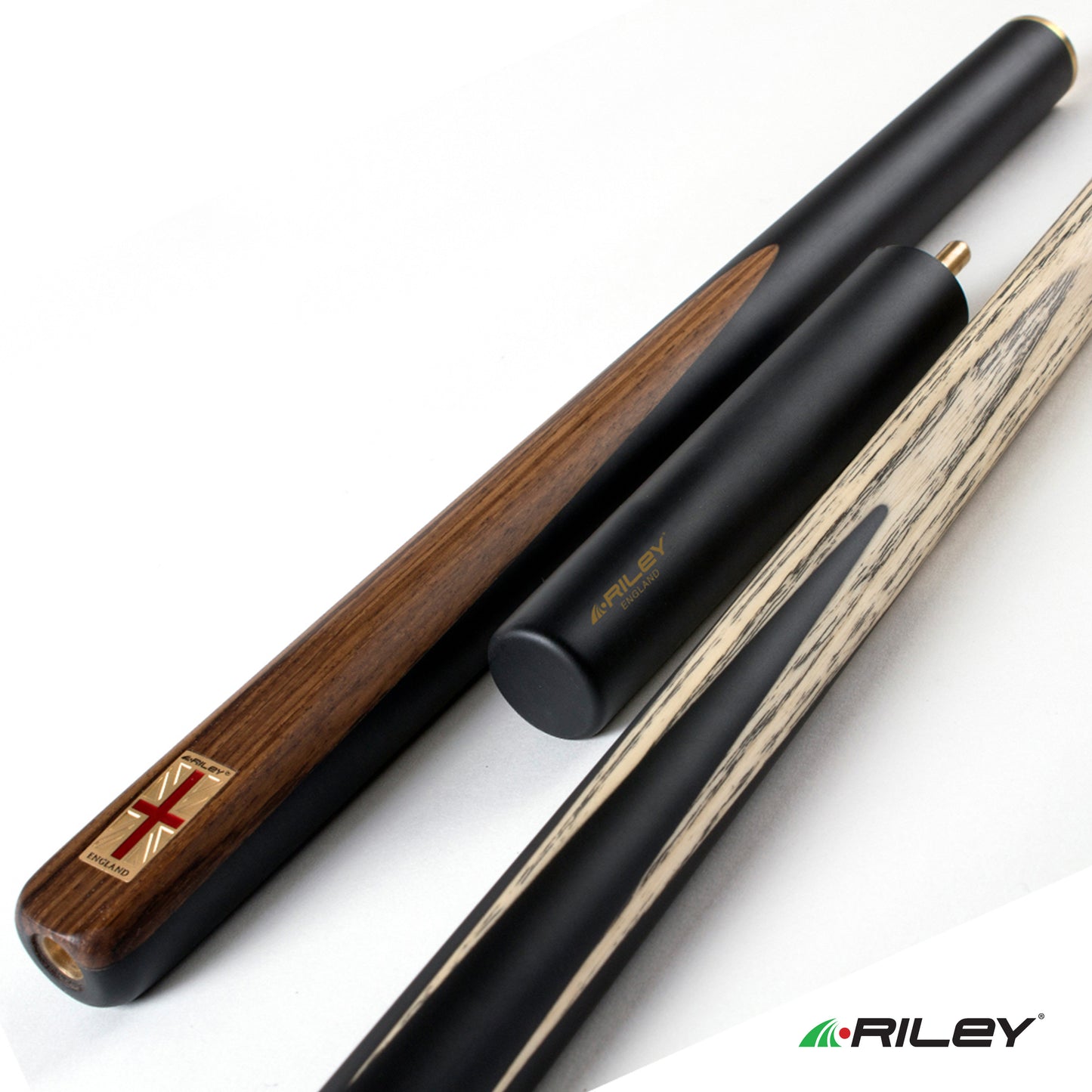 Riley England 3 Piece Snooker Cue - 3/4 Cut Cue - Layered Ebonised Blackwood Butt - 9.5mm Tip - 145cm - Black/ Dark Wood
