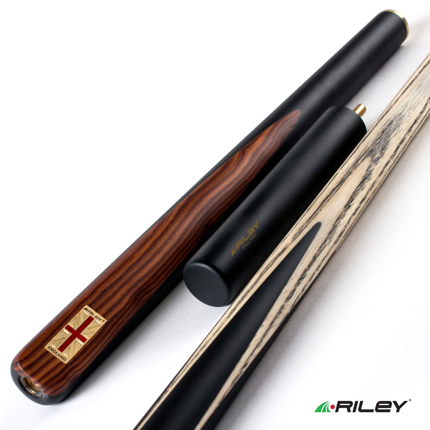 Riley England 3 Piece Snooker Cue - 3/4 Cut- Layered Ebonised Black Wood Butt - 9.5mm Tip - 145cm - Black/Brown Wood