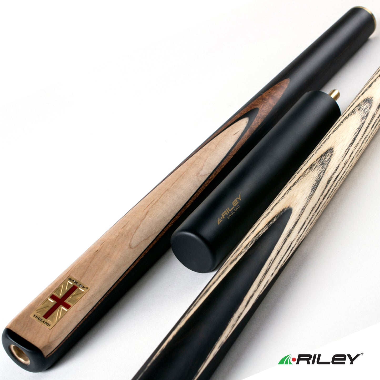 Riley England 3 Piece Snooker Cue - 3/4 Cut Cue - Layered Ebonised Black Wood Butt - 9.5mm Tip - 145cm - Black/ Maple Wood