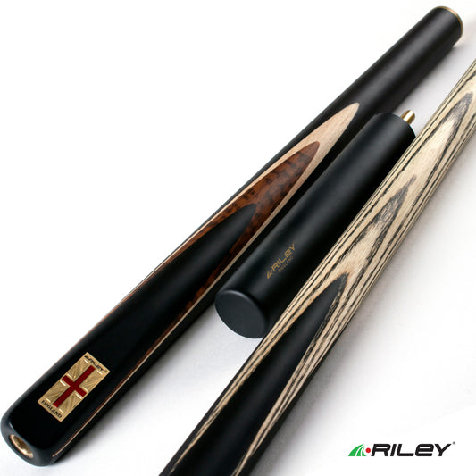 Riley England 3 Piece Snooker Cue - 3/4 Cut Cue - Layered Ebonised Black Wood Butt - 9.5mm Tip - 145cm - Black/ Dark Wood/ Maple